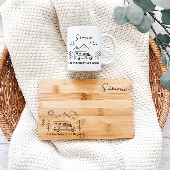 Campingset "Tag" Einzelset Bambus Brettchen und Keramik Tasse mit Wunschmotiv