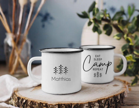 Emaille Tasse "Eat Sleep Camp Repeat TANNEN"