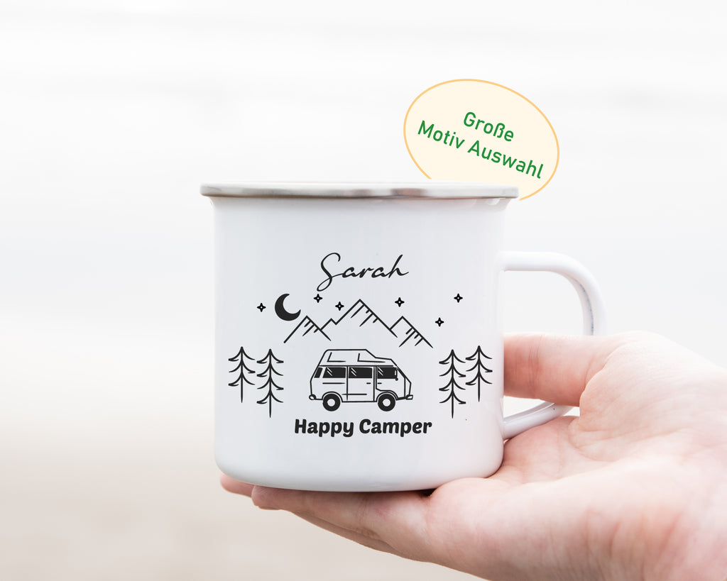 Emaille Tasse Nacht "Happy Camper" Edelstahlrand mit Wunschmotiv