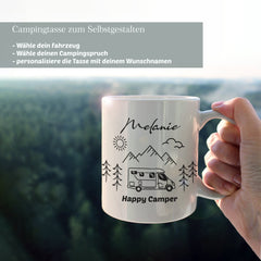 Keramiktasse Tag "Happy Camper" mit Wunschmotiv