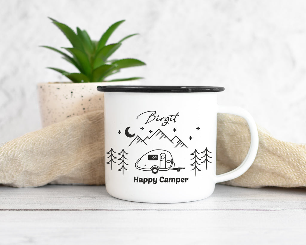 Emaille Tasse Nacht "Happy Camper" schwarzer Rand mit Wunschmotiv