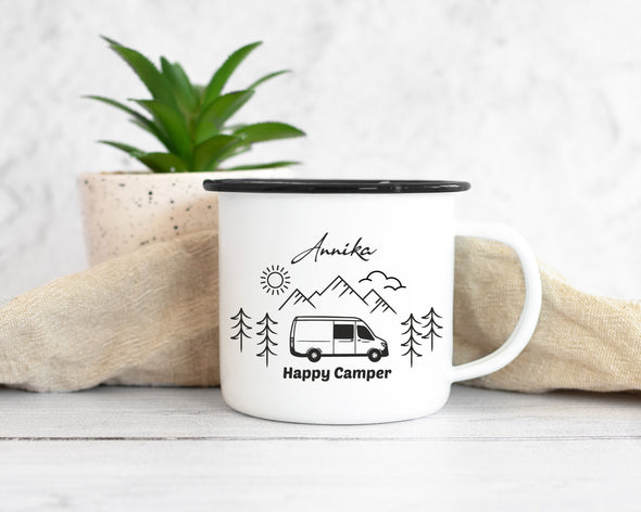 Emaille Tasse Tag "Happy Camper" schwarzer Rand mit Wunschmotiv