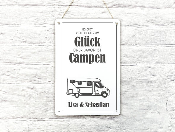 Blechschild für Camper – personalisiert – "Es gibt viele Wege zum Glück"